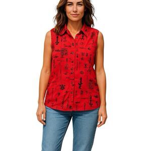 Tianello Red Sleeveless Button‎ Up Blouse Asian Scroll Tencel Size M